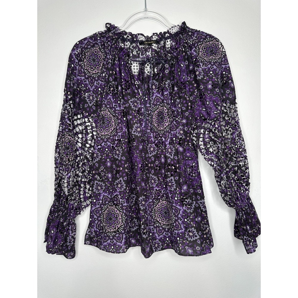 Kobi Halperin Bari Printed Eyelet Blouse Size S Black Purple Peasant